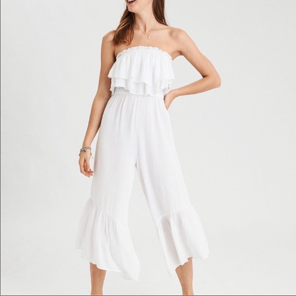 White AEO Jumpsuit Flared Bottoms Ruffle Top
